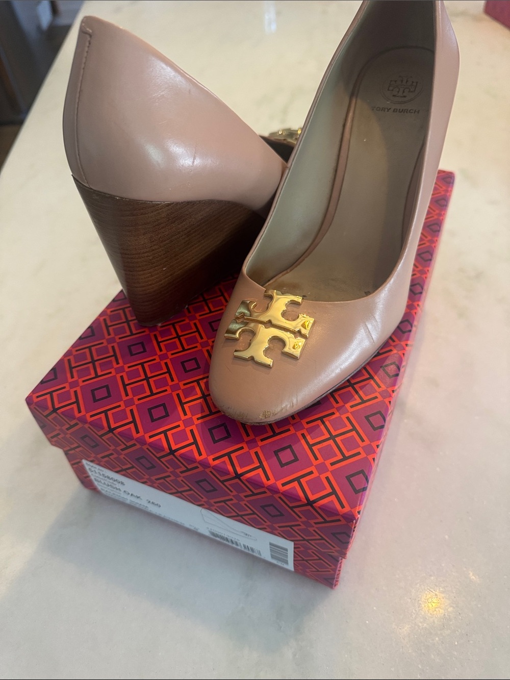 Tory Burch Blush Leather Wedge Pumps with Gold Logo
